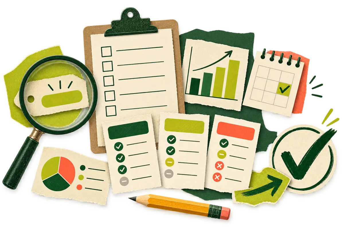 Paper collage of a magnifying glass, checklist, comparison cards, chart, calendar, and check mark.